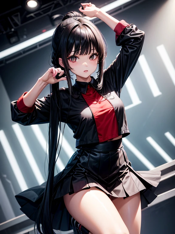 Female idol, dressed in black dancer, long black hair, flat bangs, hair tied in one knot, knee-length black skirt, female idol, red uniform detailed , dancing 