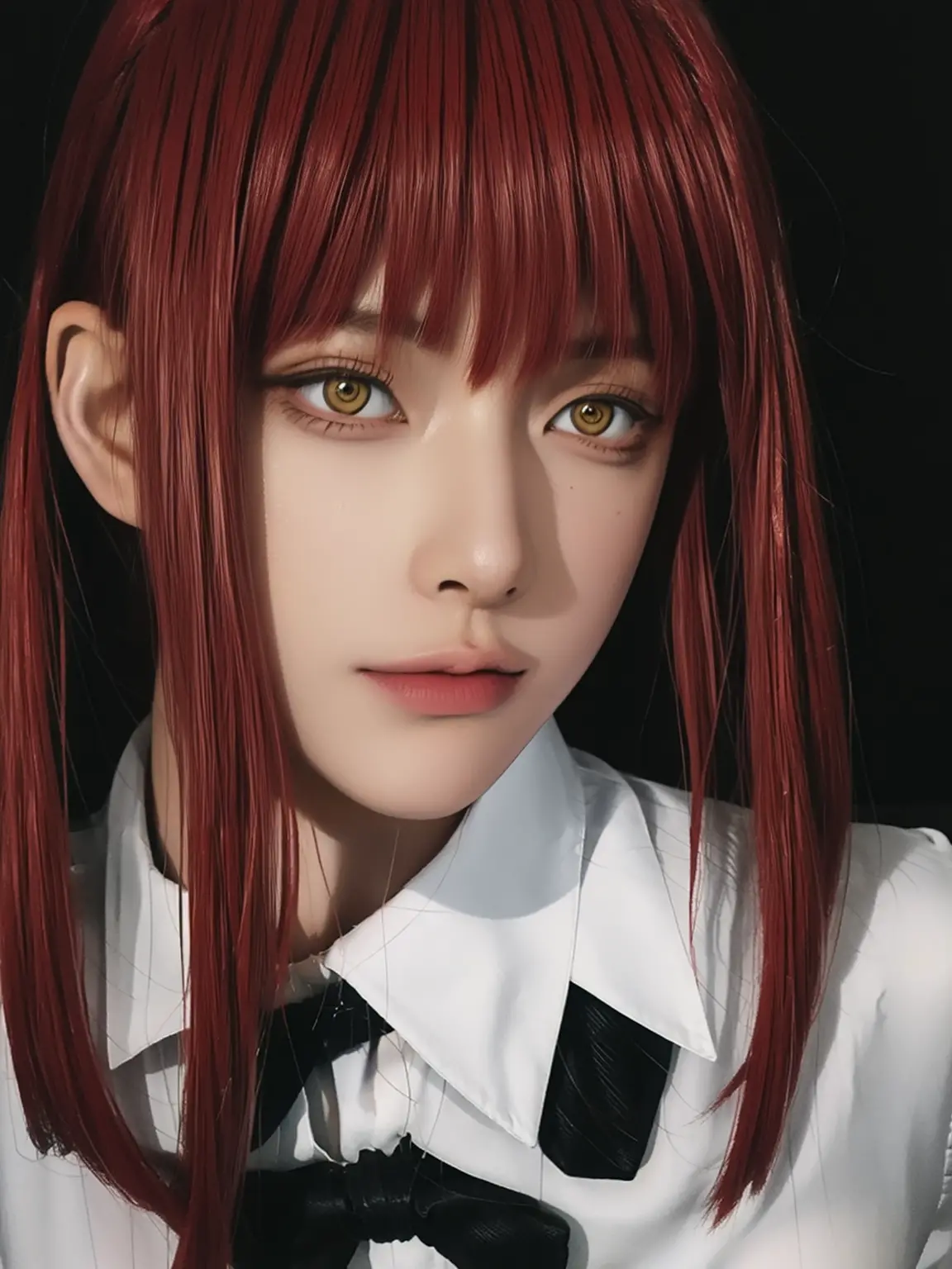 beautiful gorgeous Makima woman staring at the viewer, yellow eyes, sharp, red hair, white shirt, black tie, volumetric lightnin...