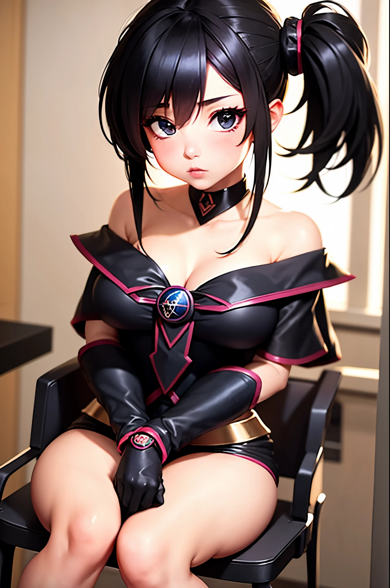 masterpiece, 1girl, medium breasts, solo,  side ponytail, black hair, long hair, (black eyes:1.1), homes itting in chair, wearing dark magician girl outfit