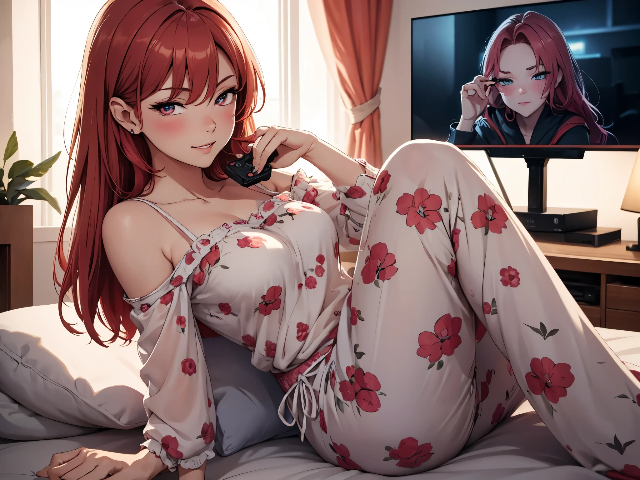 (best quality,8k,16,highres,masterpiece:1.2),ultra-detailed,(realistic:1.37) UHD, exited attractive mature woman, red hair, beautiful detailed eyes, detailed face and expressions, rendered eye ,perfect anatomy, beautiful detailed lips, wearing colourful long pajama pants and an black off the shoulder top, smirking, lusty, horny blushing, lying on floor, on back, leaning forward, simple lying pose, holding holding PS4 controller in hands, detailed controller, holding controller in hand, not looking at viewer, happy, smirking, lusty, horny blush, not too close to viewer, relaxing atmosphere,neutral color scheme ,cozy environment,soft natural lighting, exited expressionenthusiastic gaming session,console gaming, Detalied TV in background, Big TV, gaming room room, simple background, night time, shot straight
