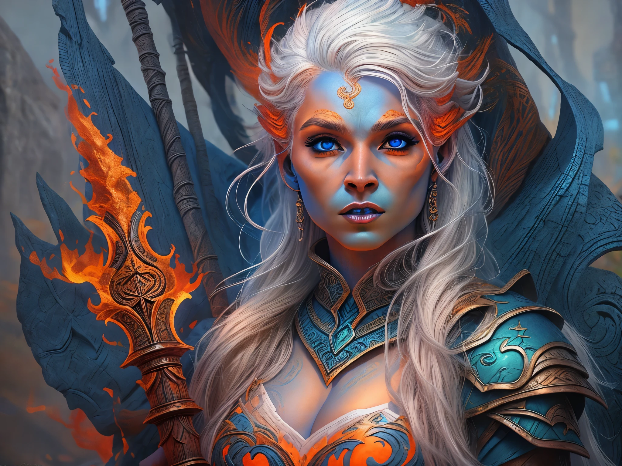 fantasy art, dnd art, RPG art, wide shot, (masterpiece: 1.4) portrait, intense details, highly detailed, photorealistic, best quality, highres, portrait a vedalken female (fantasy art, Masterpiece, best quality: 1.3) ((blue skin: 1.5)), intense details facial details, exquisite beauty, (fantasy art, Masterpiece, best quality) cleric, (blue colored skin: 1.5) 1person blue_skin, blue skinned female, (white hair: 1.3), long hair, intense green eye, fantasy art, Masterpiece, best quality) armed a fiery sword red fire, wearing heavy (white: 1.3) half plate mail armor, wearing high heeled laced boots, wearing an(orange :1.3) cloak, wearing glowing holy symbol GlowingRunes_yellow, within fantasy temple background, reflection light, high details, best quality, 16k, [ultra detailed], masterpiece, best quality, (extremely detailed), close up, ultra wide shot, photorealistic, RAW, fantasy art, dnd art, fantasy art, realistic art,