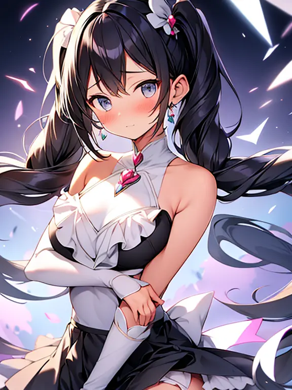 gentle toned magical girl with messy black twintail hair