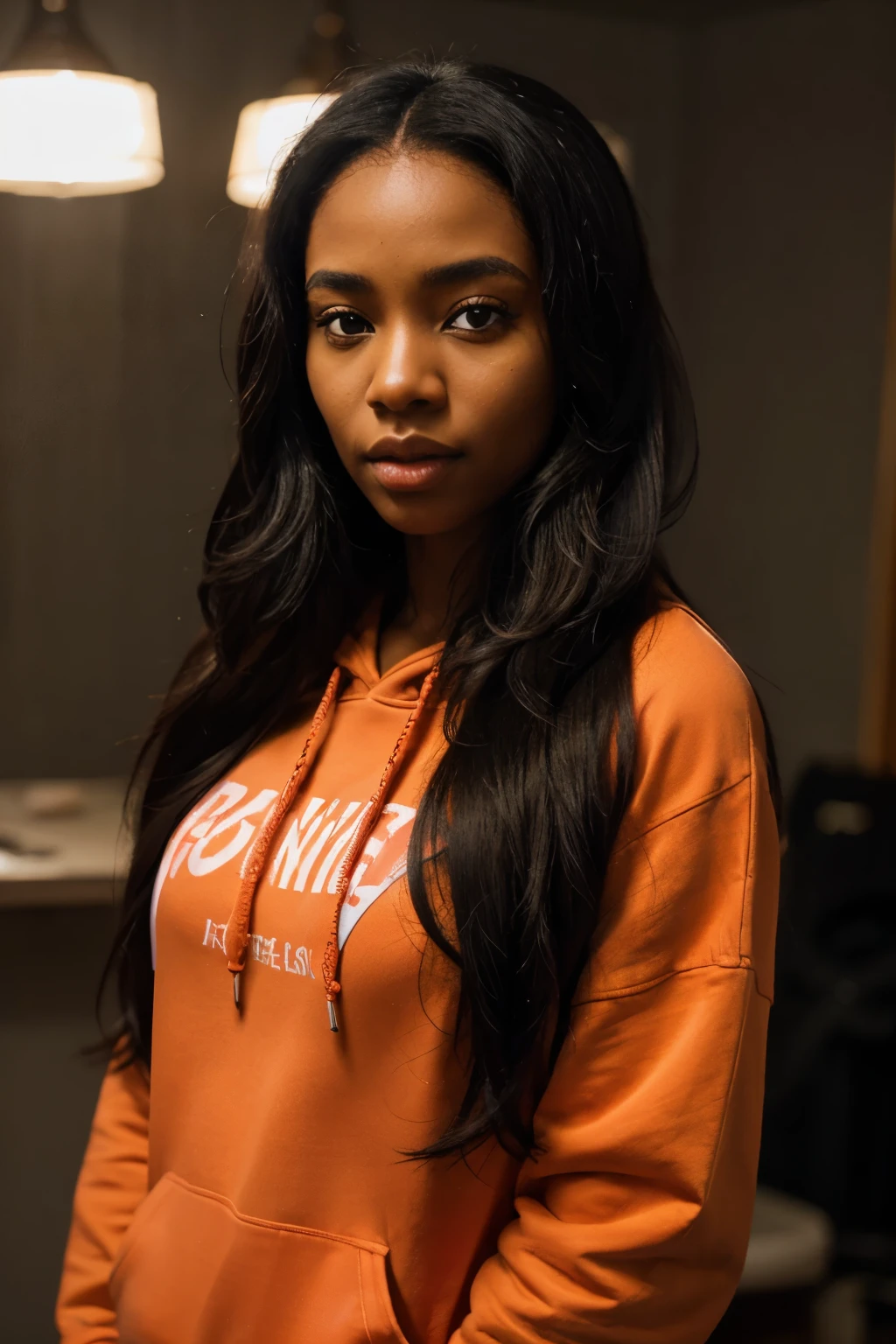 super fine illustration, vibrant colors, masterpiece, sharp focus, best quality, depth of field, cinematic lighting, ultra detailed, 1girl, african woman, hoodie, long hair, black hair, seductive