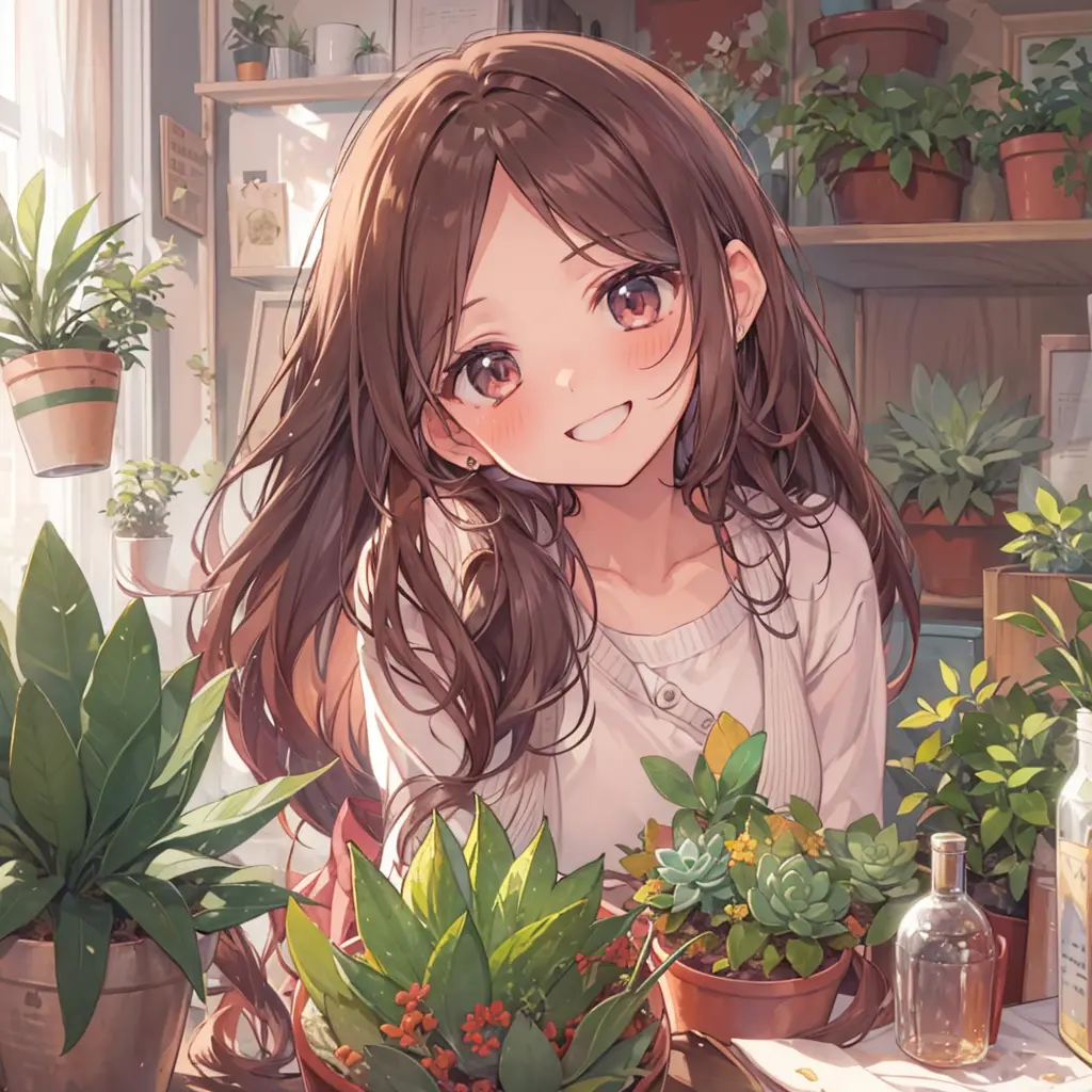 cardigan、cute、woman、succulent plants、indoor、morning、long hair、brown hair、smile、half up、mysterious,