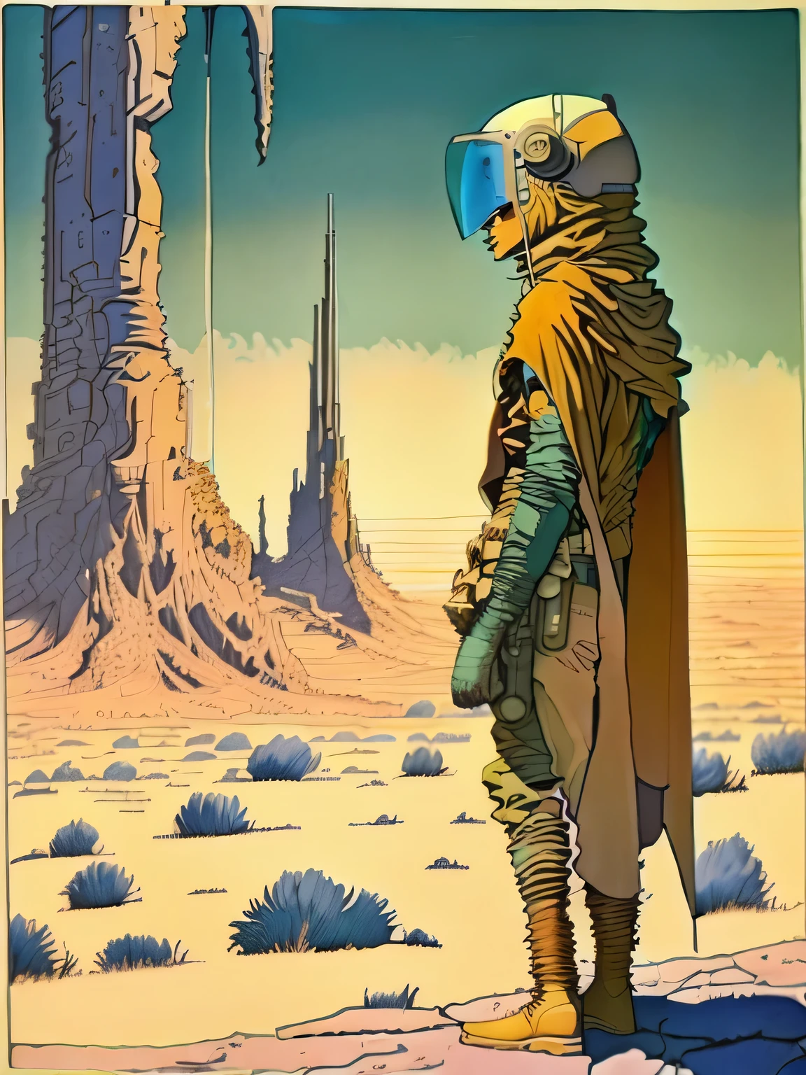 Uma pintura de um ser elfico android segurando uma flor e orelhas pontudas, segurando uma bela flor, sentado em um penhasco com uma nave espacial ao fundo por Moebius Jean Giraud