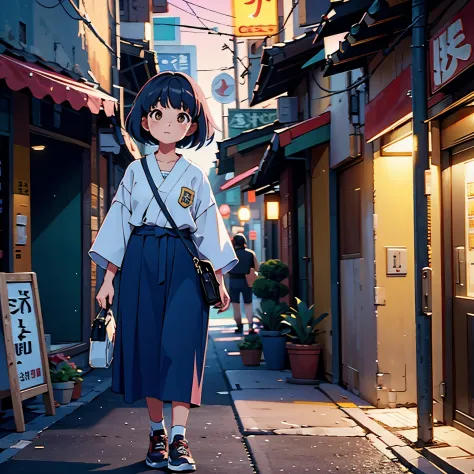 Menina da Coreia que anda na rua, cinematic style soft lighting glow effect