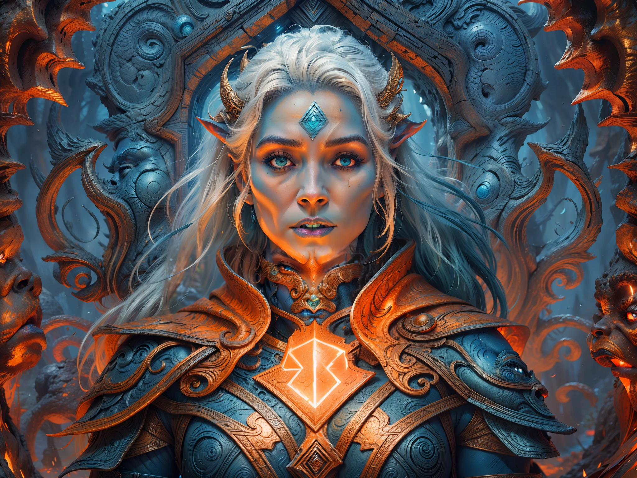 fantasy art, dnd art, RPG art, wide shot, (masterpiece: 1.4) portrait, intense details, highly detailed, photorealistic, best quality, highres, portrait a vedalken female (fantasy art, Masterpiece, best quality: 1.3) ((blue skin: 1.5)), intense details facial details, exquisite beauty, (fantasy art, Masterpiece, best quality) cleric, (blue colored skin: 1.5) 1person blue_skin, blue skinned female, (white hair: 1.3), long hair, intense green eye, fantasy art, Masterpiece, best quality) armed a fiery sword red fire, wearing heavy (white: 1.3) half plate mail armor, wearing high heeled laced boots, wearing an(orange :1.3) cloak, wearing glowing holy symbol GlowingRunes_yellow, within fantasy temple background, reflection light, high details, best quality, 16k, [ultra detailed], masterpiece, best quality, (extremely detailed), close up, ultra wide shot, photorealistic, RAW, fantasy art, dnd art, fantasy art, realistic art,