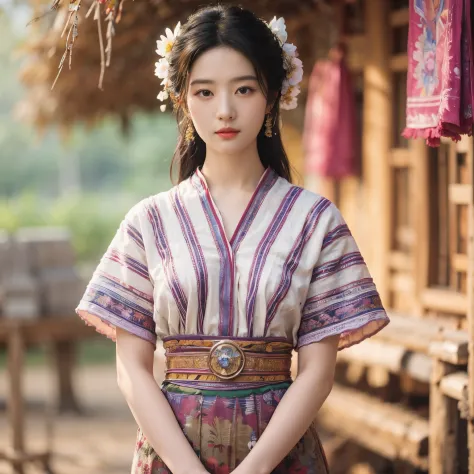 a girl in a tranquil garden, surrounded by beautiful flowers under the warm sunlight. the garden has a peaceful atmosphere with ...