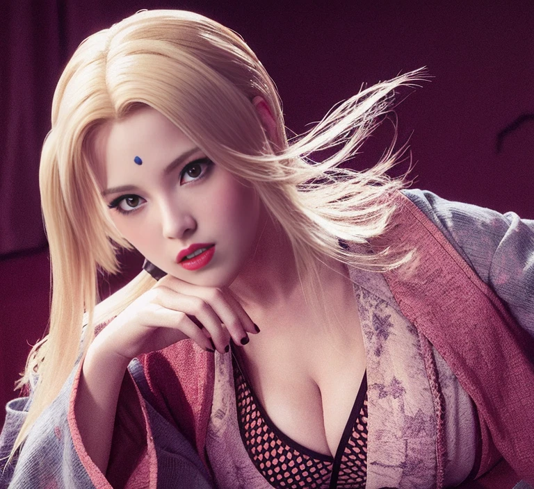 young woman, porcelain skin, blonde hair in two low pigtails, wide forehead, big red lips, abellan eyes, green kimono, big breasts, Tsunade, 3d, realism