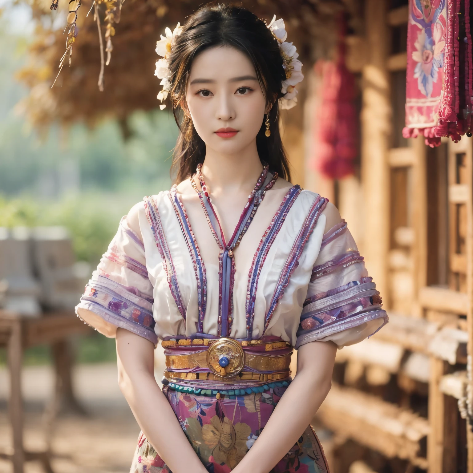 A girl in a tranquil garden, surrounded by beautiful flowers under the warm sunlight. The garden has a peaceful atmosphere with soft lighting. The girl's portrait is detailed and painted in an oil painting style. The colors in the painting are vibrant, creating a lively and vibrant composition.maple leaf falling background,identity,traditional makeup,traditional outfit , v shaped neck collar,(((smal beads along the neckline and sleeves:1.5))).((features delicate embroidery .)),The neckline and sleeves are often adorned with colorful piping or trim made from contrasting fabrics.
Some blouses feature intricate beadwork or small mirrors sewn onto the embroidery, adding a touch of sparkle and reflecting the wearer's wealth.
Buttons are usually absent, replaced by loops and ties made from the same fabric as the blouse, allowing for a comfortable and adjustable fit.