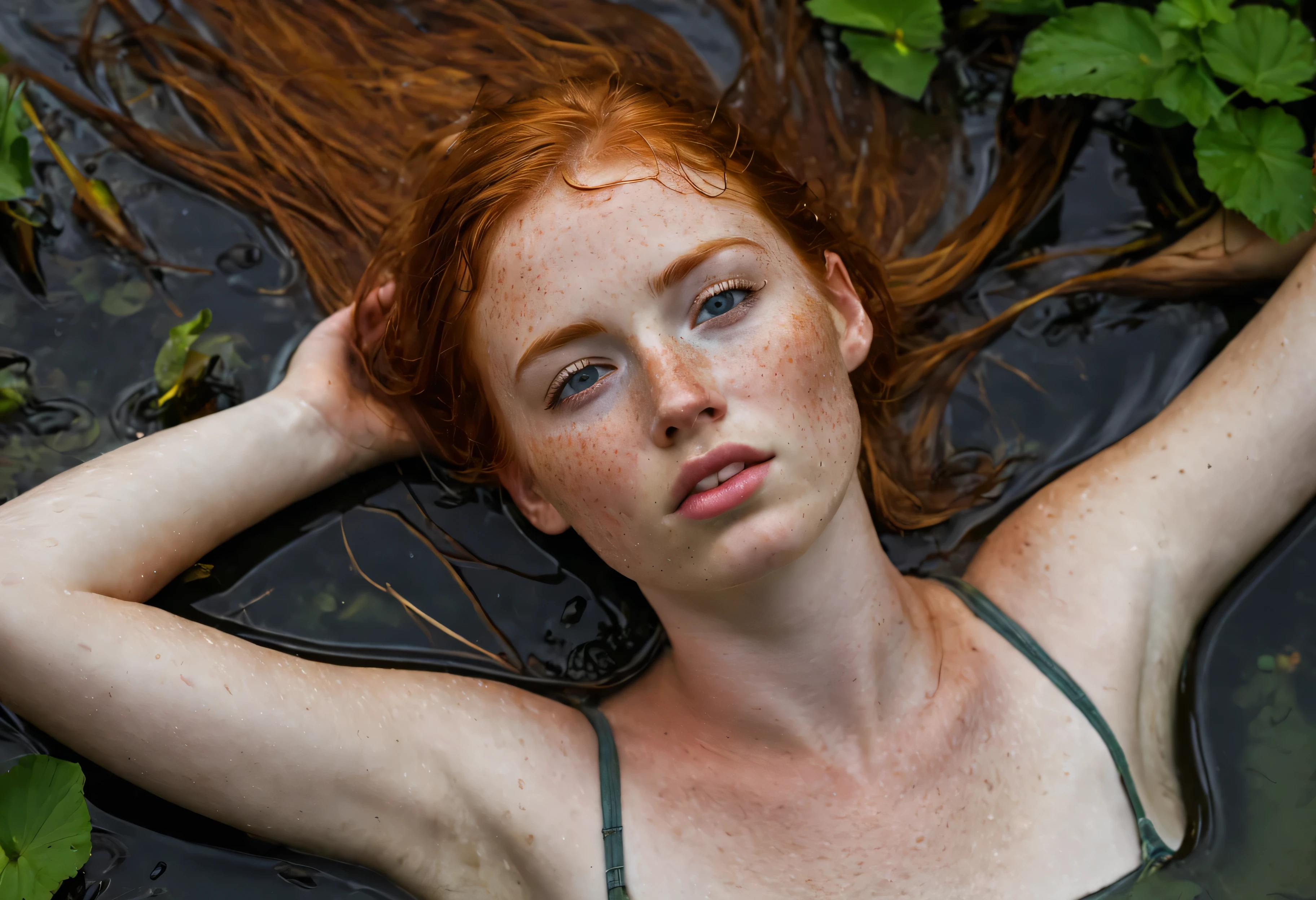 Redhead woman with freckled hair laying in water with green plants - SeaArt  AI