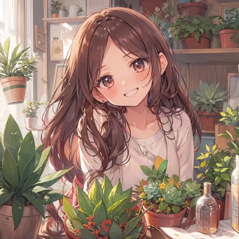 cardigan、cute、woman、succulent plants、indoor、morning、long hair、brown hair、smile、half up、Mysterious,