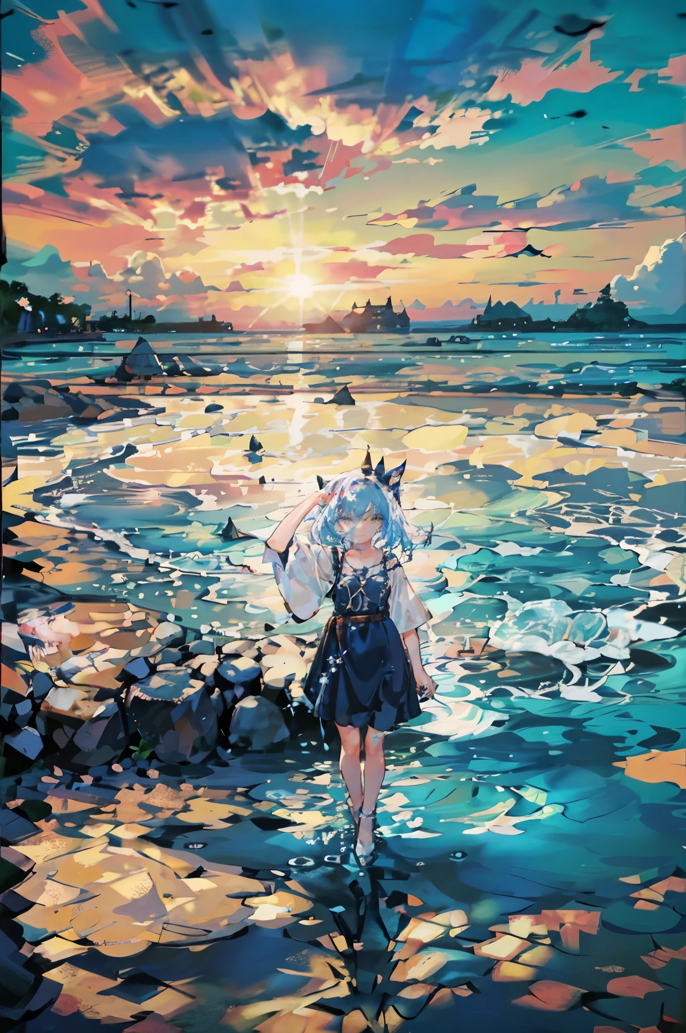 masterpiece, detailed, (((Girl Slime))), the girl is made of water and mucus, Blue Slime, Little girl, Against the backdrop of the ocean, sunset, Bright sun, bright colors, Contrast, lilac hair, big eyes, blue slime dress, rain, Sad Girl, emphasis on rain, Palma, beachный sunset, beach, glow around the girl, silhouette, сильный rain, Oriental fantasy, elegant glamorous, (Geometric pattern:1.4), modernism, and minimalism, city with many details,