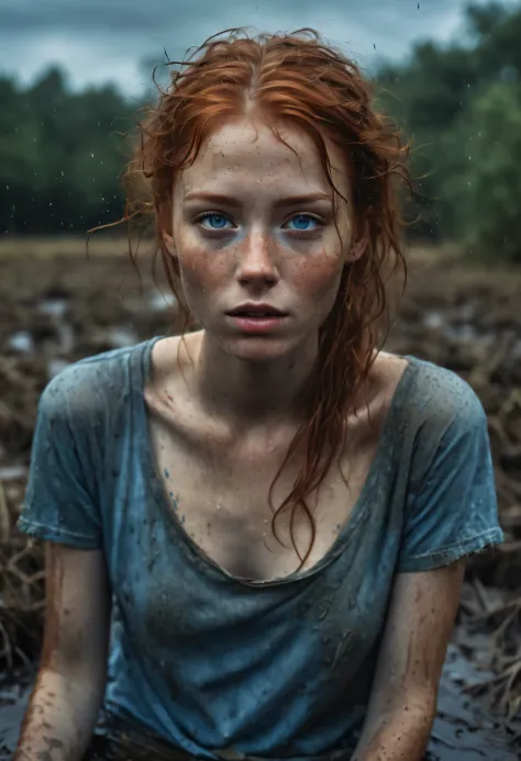 An exquisitely detailed photograph of a graceful red-haired girl with freckles, a scattering of freckles on the dewdrops of a be...