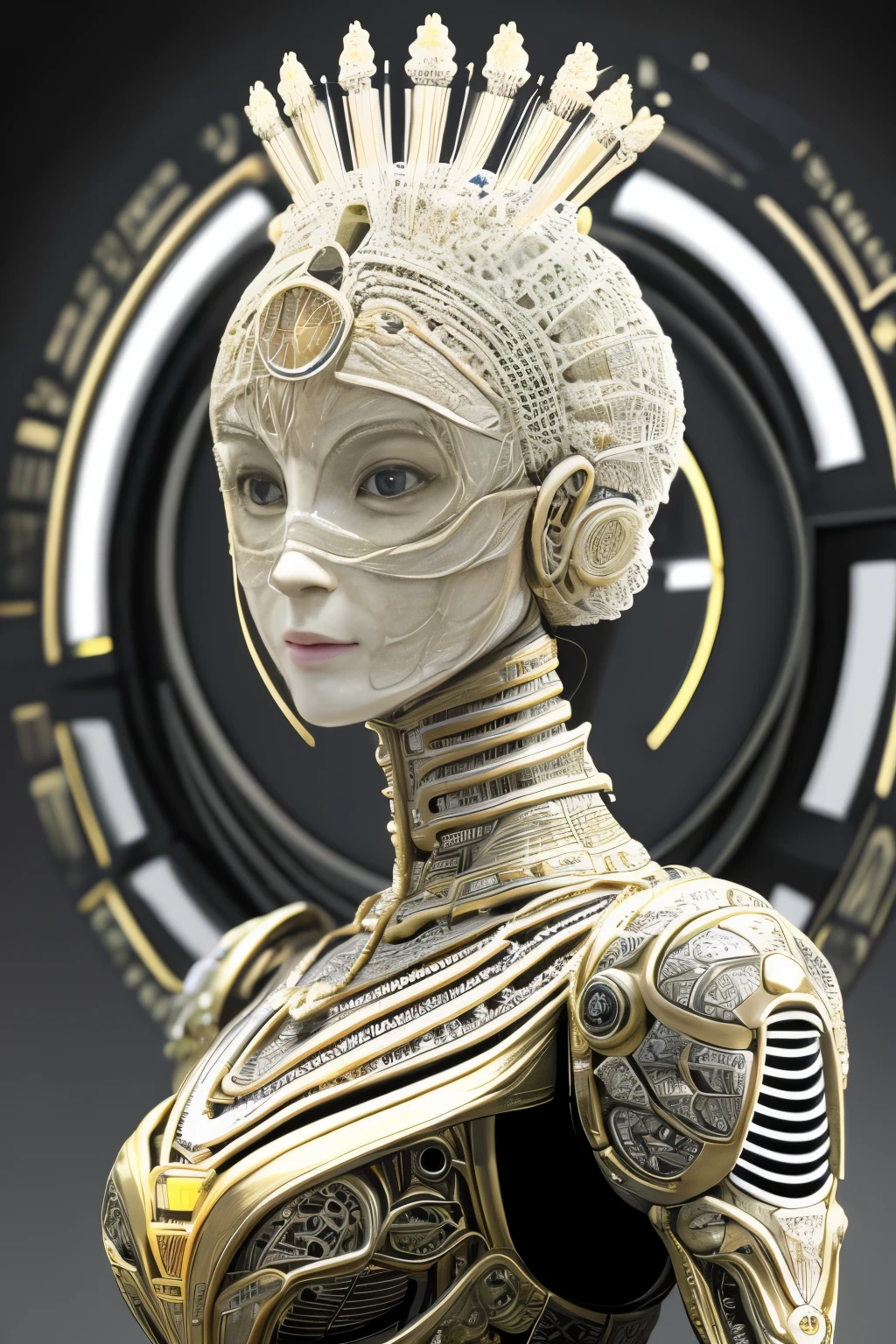 Intricate 3d rendering of highly detailed beautiful ceramic silhouette female 機器人 face, 賽博格, 機器人 parts, 150毫米, 美丽的工作室柔和的灯光, 環形燈, 充滿活力的細節, 奢华赛博朋克, 收入, 超現實主義, 解剖學 , 面部肌肉, 电缆线, 微晶片, 优雅, 美麗的背景, 辛烷渲染, HR吉格爾風格, 8K, 更好的品質, 藝術品, 插圖, 非常精致美丽, 非常详细, CG, 制服, 壁紙, ( 忠誠, 忠誠: 1.37), 燦爛, 精細的細節, 藝術品, 更好的品質, 官方艺术, Papel de parede CG Unity 8K 非常详细, 荒诞, Inacreditavelmente 荒诞o, 機器人, 銀色頭盔, 全身, 坐下来写