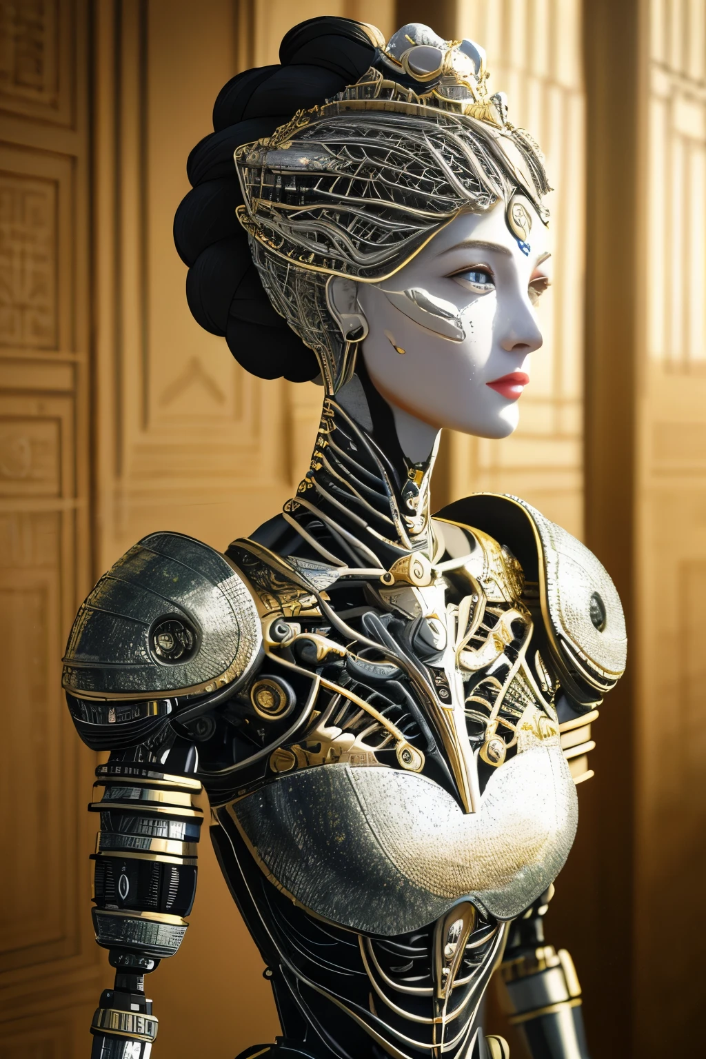 Intricate 3d rendering of highly detailed beautiful ceramic silhouette female roboT face, cyborg, roboT parts, 150mm, beautiful studio soft light, rim-light, vibrant details, luxury cyberpunk, lace, surreal, Anatomi , facial muscles, cable wires, microchips, elegance, beautiful background, Octane rendering, hr giger style, 8k, best qualityer, work of art, illustration, Very delicate and beautiful, very detailled, CG, 's uniform, wall-paper, ( Fidelity, Fidelity: 1.37), splendid, finely detail, work of art, best qualityer, offcial art, Papel de parede CG Unity 8K very detailled, absurdrez, Inacreditavelmente absurdrezo, roboT, silver helmet, whole body, sit and write