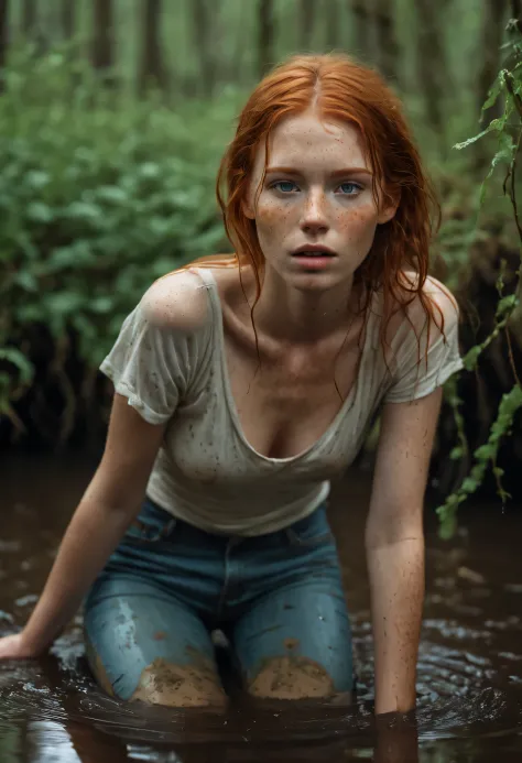 full body,An exquisitely detailed photograph of a graceful red-haired girl with freckles, a scattering of freckles on the dewdro...
