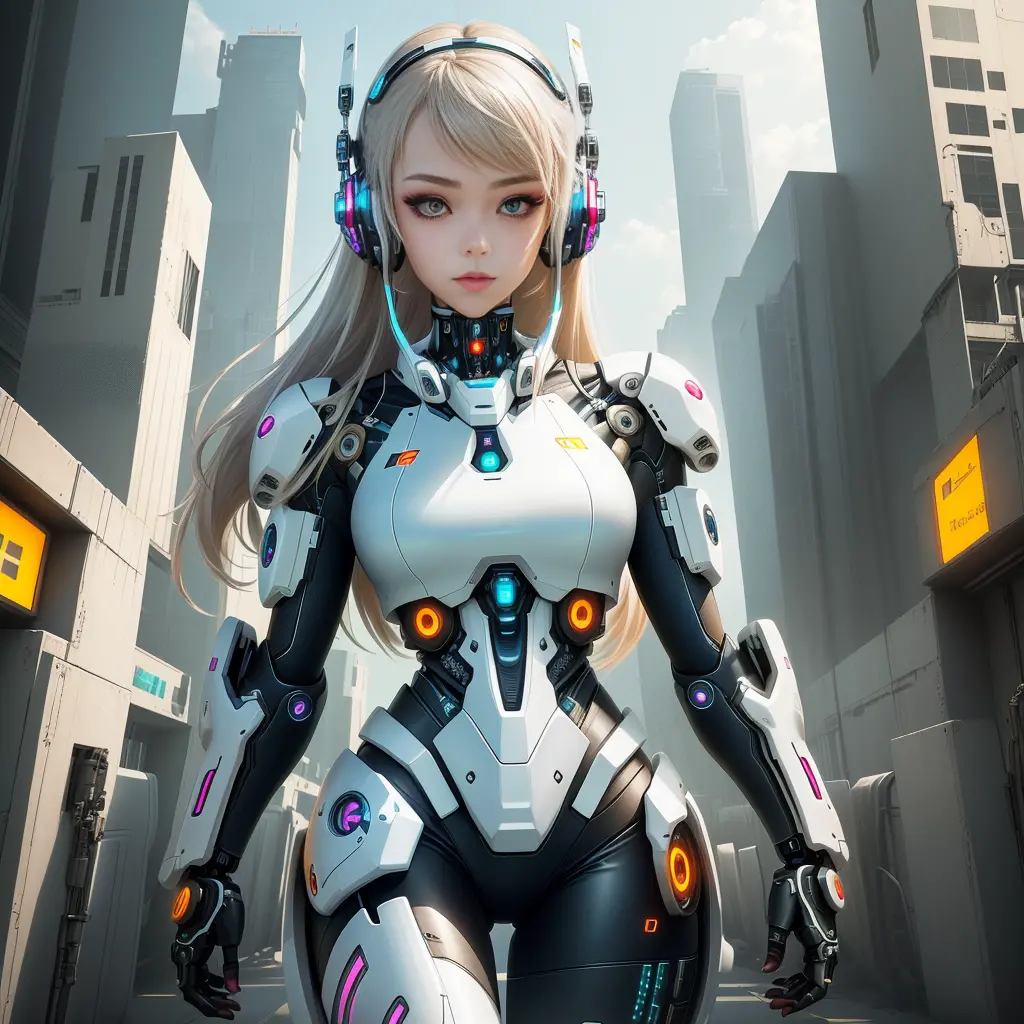 futuristic woman wearing headphones, cute cyborg girl, beautiful girl cyborg, cyborg girl, cyberpunk anime girl mecha, perfect a...