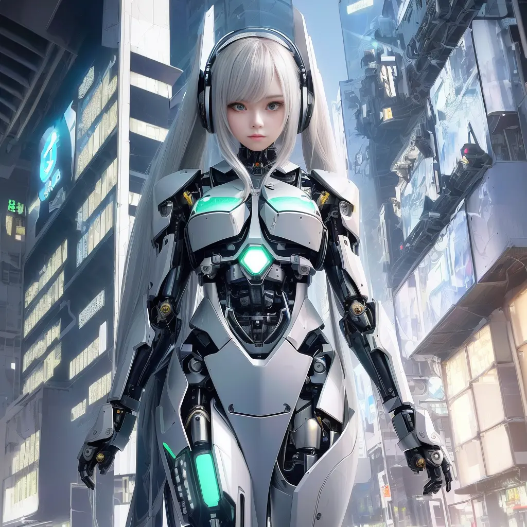 futuristic woman wearing headphones, cute cyborg girl, beautiful girl cyborg, cyborg girl, cyberpunk anime girl mecha, perfect a...