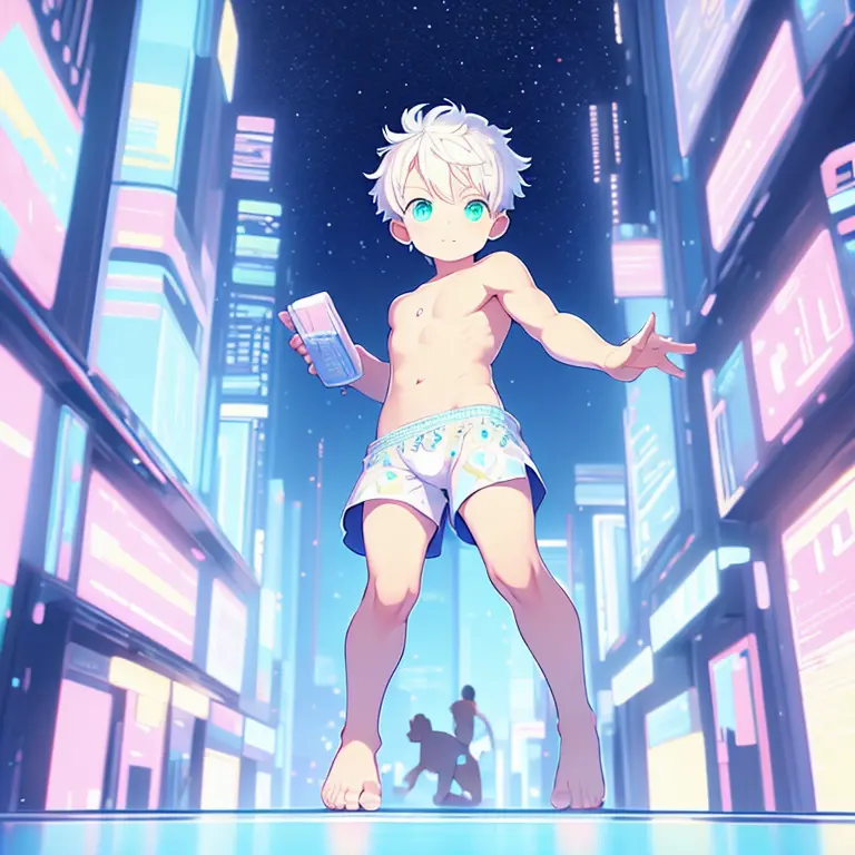 4k), male child with white hair and green eyes and barefoot and small male underwear, small tiny feet, sonriendo, El se sienta e...