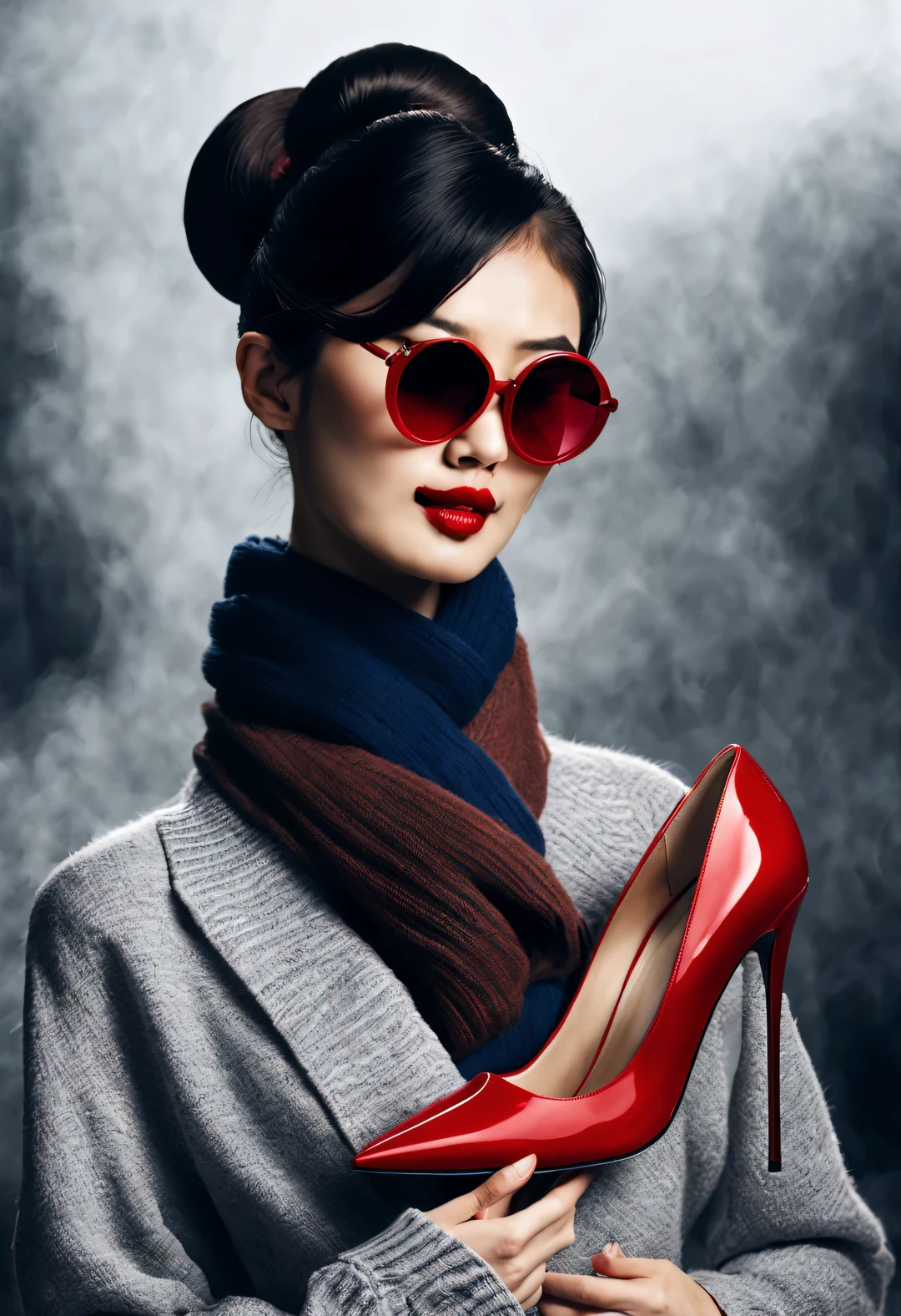 (character idea), (Half-length close-up), (Beautiful Chinese girl holds up one of her red high heels: 1.3), (Wearing large sunglasses，tie your hair into a bun: 1.2), A combination of classic and modern, Dark blue and brown sweater, jeans, scarf, Matching jackets with fashionable clothing, grace, Girl&#39;s skin is fair, flawless and smooth, high nose bridge, Head up posture, sad but beautiful, slender figure, Exquisite facial features,
swirling fog illustration, ink painting, black hair, A ball head, proudly, Surrealism, contemporary art photography, action illustration, abstract expressionism, Pixar, depth of field, motion blur, backlight, radiation, decline, Head up angle, Sony FE General Manager, ultra high definition, masterpiece, precise, textured skin, Super details, high detail, high quality, Award-winning, best quality, grade, 16k, Photographed from a bottom-up angle,