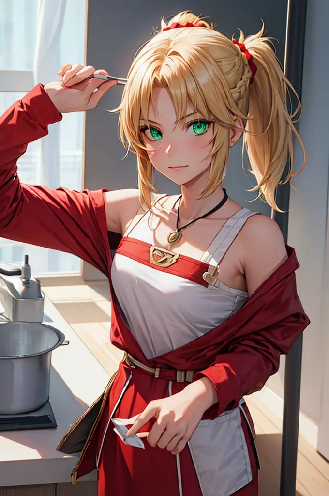 1 girl, fgomordred, modred, (green eyes:1.5), blonde hair, ponytail, short hair, scrunchie, red scrunchie, hair scrunchie, (smal...