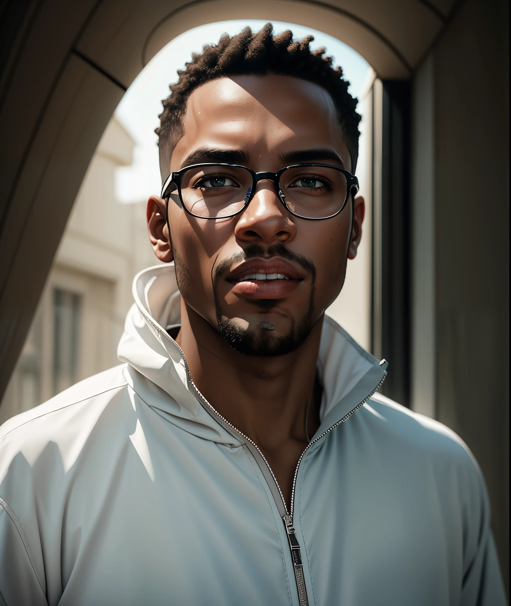 black man wearing glasses and a white windbreaker hoodie, no facial hair, RAW, Masterpiece, Super Fine Photo, Ultra High Resolution, Photorealistic, Sunlight, Full Body Portrait, in the style of mecha sci-fi anime, 8k, best quality, highres, Unreal Engine:1.4,Ultra-realistic K CG, Photorealista:1.4, Skin Texture:1.4, Volumetric fog, 8k uhd, dslr, high quality, film grain, fair skin, photorealism, lomography, translucent
