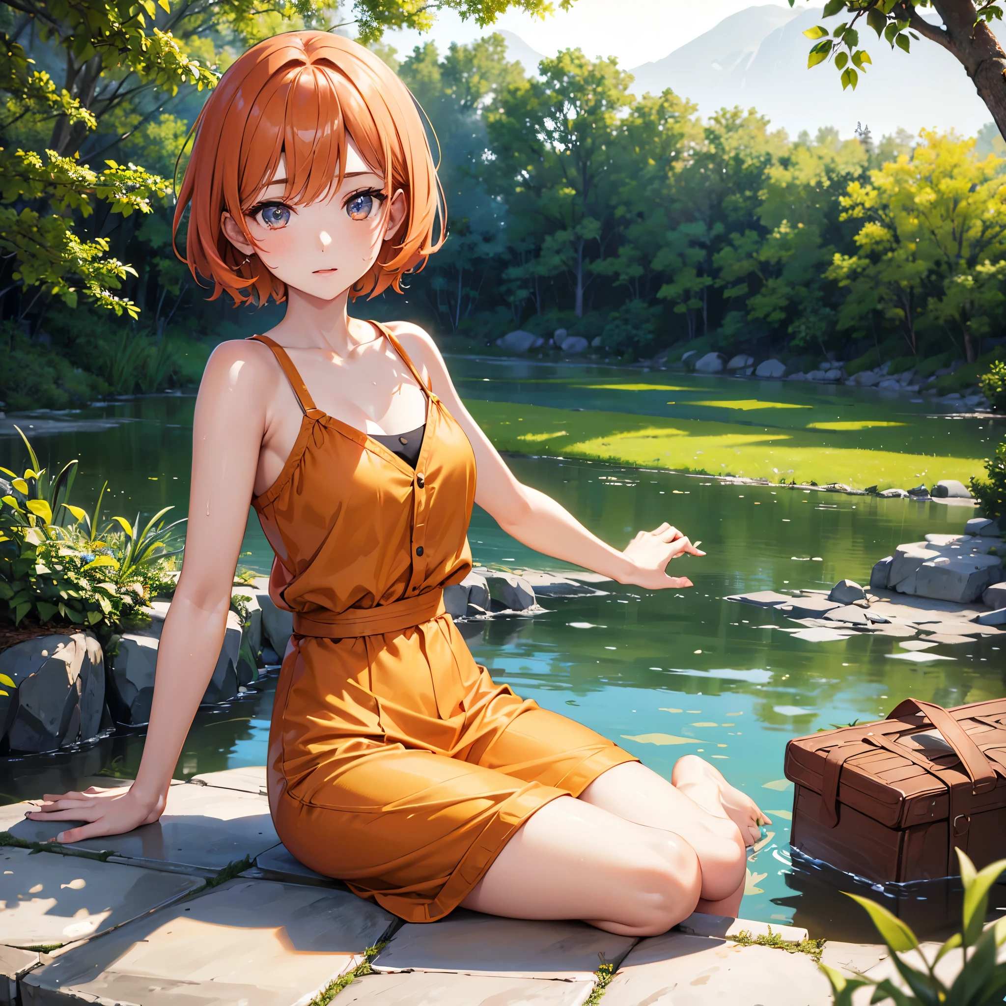 (a woman, park, sunny day, orange sundress, RAW, UHD, 8K, upper body portrait:1.1, head, highly detailed face, stunning eyes, orange short hair, back towards camera, wet clothes, vibrant colors, warm sunlight) sitting, back view