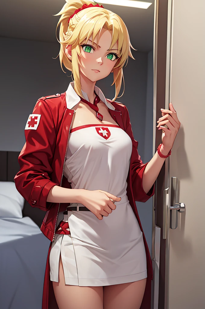 1 girl, fgomordred, modred, (green eyes:1.5), blonde hair, ponytail, short hair, scrunchie, red scrunchie, hair scrunchie, (small chest:1.2), BREAK blonde hair, white nurse,nurse, stading, BREAK looking at viewer, BREAK bedroom, BREAK (masterpiece:1.2), best quality, high resolution , unity 8k wallpaper, (artwork: 0.8), (beautiful detailed eyes: 1.6), extremely detailed face, perfect lighting, extremely detailed CG (perfect hands, perfect anatomy),nurse