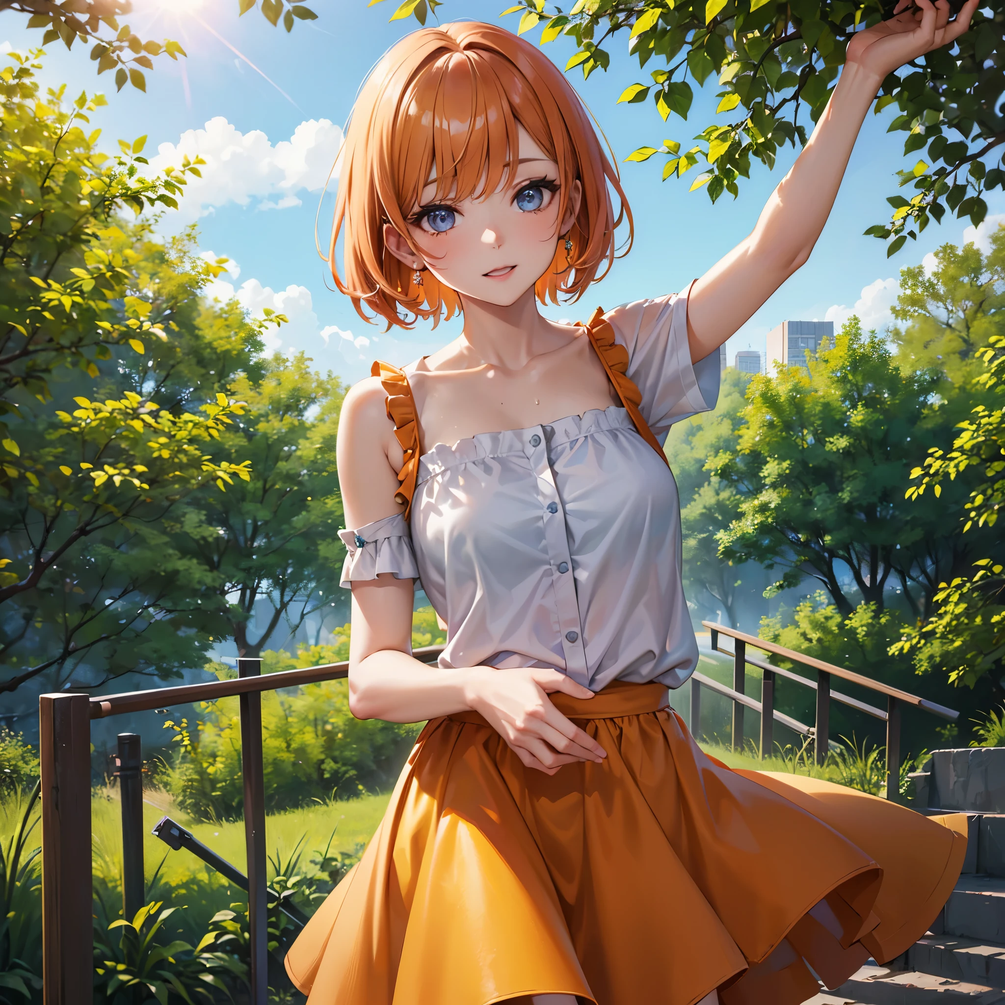 (a woman, park, sunny day, orange sundress, RAW, UHD, 8K, upper body portrait:1.1, head, highly detailed face, stunning eyes, orange short hair, back towards camera, wet clothes, vibrant colors, warm sunlight) close up