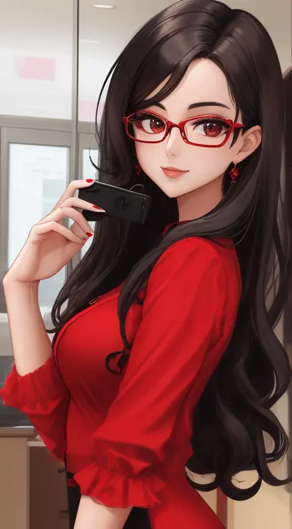 there is a woman with glasses and a red dress holding a cell phone, with glasses, girl with glasses, long wavy black hair and gl...