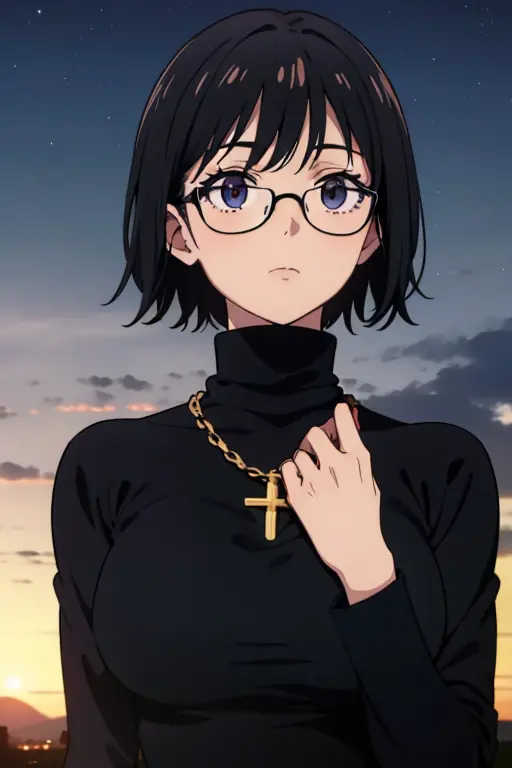 purple shizuku, 1 girl, cute, black hair, short hair, glasses, expressionless, huge breasts, ((tight black long sleeve turtlenec...