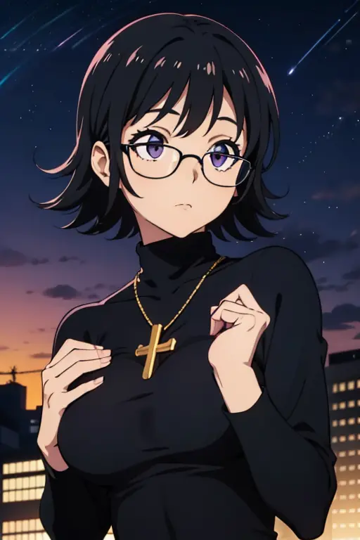 purple shizuku, 1 girl, cute, black hair, short hair, glasses, expressionless, huge breasts, ((tight black long sleeve turtlenec...