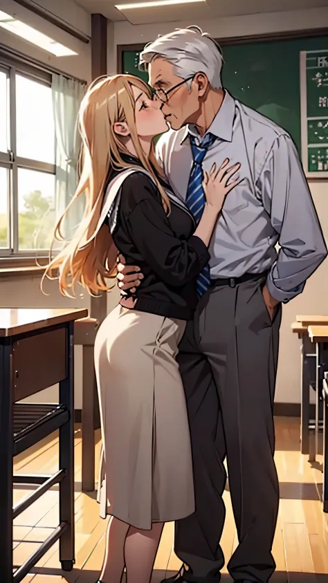 A female student and an elderly male teacher are having a deep kiss in the evening classroom.、NSFW、