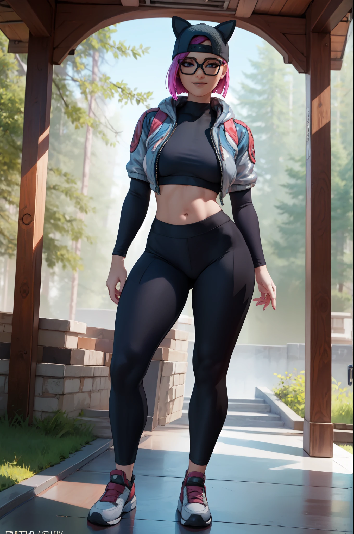 1 girl, (masterpiece), (best quality), standing, (solo), looking at viewer, high detailed,extremely detailed, fine eyes, smile,dynamic pose, short pink hair,cap,crop top, jacket,fingerless glove,curvy,forest,glasses,(gray leggings),(portrait:1.2),