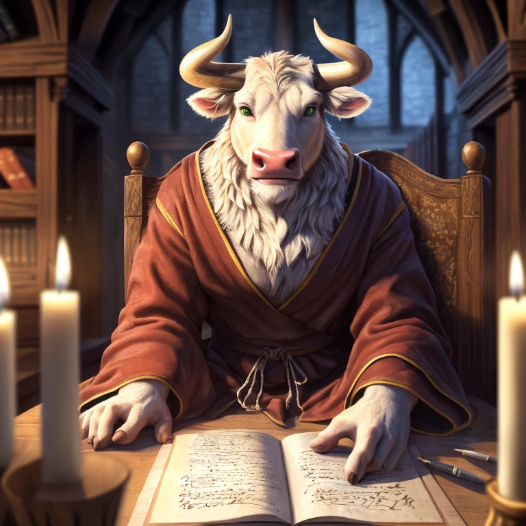 an anthro bull writing on parchment with a quill pen, ((nj5furry, solo, sitting in chair, masterpiece, anthro, male, bull-face, medium-length horns, tan colored horns: 1.5, bovine tail: 1.2, muscled body, hooves, tan colored hooves: 1.5, two-tone fur, detailed fur, brown and white furred body)), calm expression, (green eyes, (loose medieval tan drawstring pants: 1.4, loose medieval red robes: 1.4, quill pen, inkwell, desktop, parchment paper with writing)), library background, mage halls background, (animals: 0.0, people: 0.0), best quality,4k,8k,highres,masterpiece:1.2), ultra-detailed,(realistic,photorealistic,photo-realistic:1.37),drawn with colored pencils, richly detailed, traditional style landscapes, scenic beauty, beautifully detailed books, fine textures, soft and vibrant colors, midnight atmosphere, candlelight, floating candles, tranquil and peaceful ambiance, impressionistic brush strokes, focus on foreground and background, depth and perspective, ethereal lighting effects, close-up camera angle