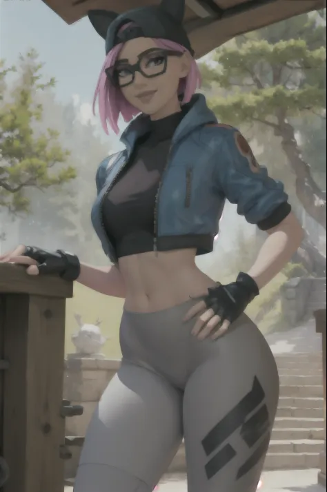 1 girl, (masterpiece), (best quality), standing, (solo), looking at viewer, high detailed,extremely detailed, fine eyes, smile,dynamic pose, short pink hair,cap,crop top, jacket,fingerless glove,curvy,forest,glasses,(gray leggings),(cowboy shot:1.3),