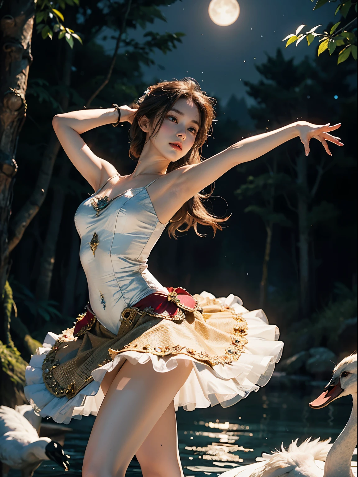 fantasy, high quality, 8K, realistic,photo realistic,RAW photo,photography,High resolution, ultra-definition, highest quality,Dramatic lighting, glitter effect, from below, midnight, moonlight, ballet、Swan Lake、Lake in the deep forest、((Beauty and the Beast)), 1woman and 1beast, break,
The beast picks up a prima donna girl who gracefully dances ballet in the moonlight on a mysterious lake.、Arabesque pose、Lonely、((luxurious and delicate white tutu)),semi-long hair,black hair,black eyes、beautiful feet、Ballet Pointe Shoes, Peeking from below、Straddling the camera、