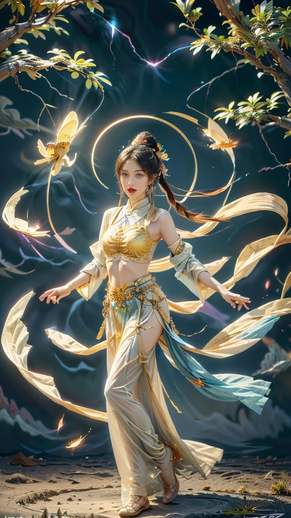 An ancient Chinese painting scroll, The main pattern above is： （Mid-Autumn Festival poster，Spring Festival poster，Featuring a playful character design style，zbrush，可爱而dream，Transparent，Smooth，magic core，yellow color，Flying fairy bun，gentle，frown，White lace flowing skirt，Pear and plum blossoms are flying all over the sky，Nine-colored deer flashes behind，translucent medium，Award-winning masterpiece，Super detailed，Dunhuang style，Dunhuang flying mural，Big Dream Dunhuang，Flying Dance，pipa dance，crazy fantasy，Surrealism，dream，A fantasy world，Han Dynasty stone brick portrait，Intricate Chinese Dunhuang mural background，Chinese culture，Festive atmosphere，national current，anime illustration，Ultra-high-definition CG，3D rendering，ultra HD16k）