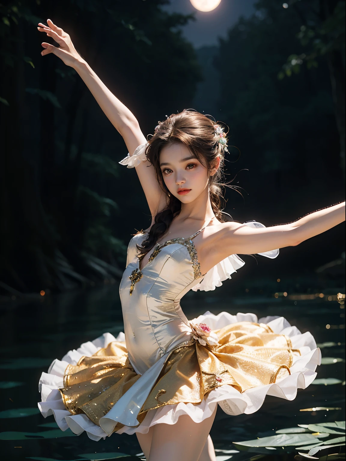 fantasy, high quality, 8K, realistic,photo realistic,RAW photo,photography,High resolution, ultra-definition, highest quality,Dramatic lighting, glitter effect, from below, midnight, moonlight, ballet、Swan Lake、Lake in the deep forest、((Beauty and the Beast)), break,
1woman and 1beast, A prima donna girl and the beast gracefully dance ballet in the moonlight on a mysterious lake.、Arabesque pose、、((luxurious and delicate white tutu)),semi-long hair,black hair,black eyes、beautiful feet、Ballet Pointe Shoes, Peeking from below、Straddling the camera、