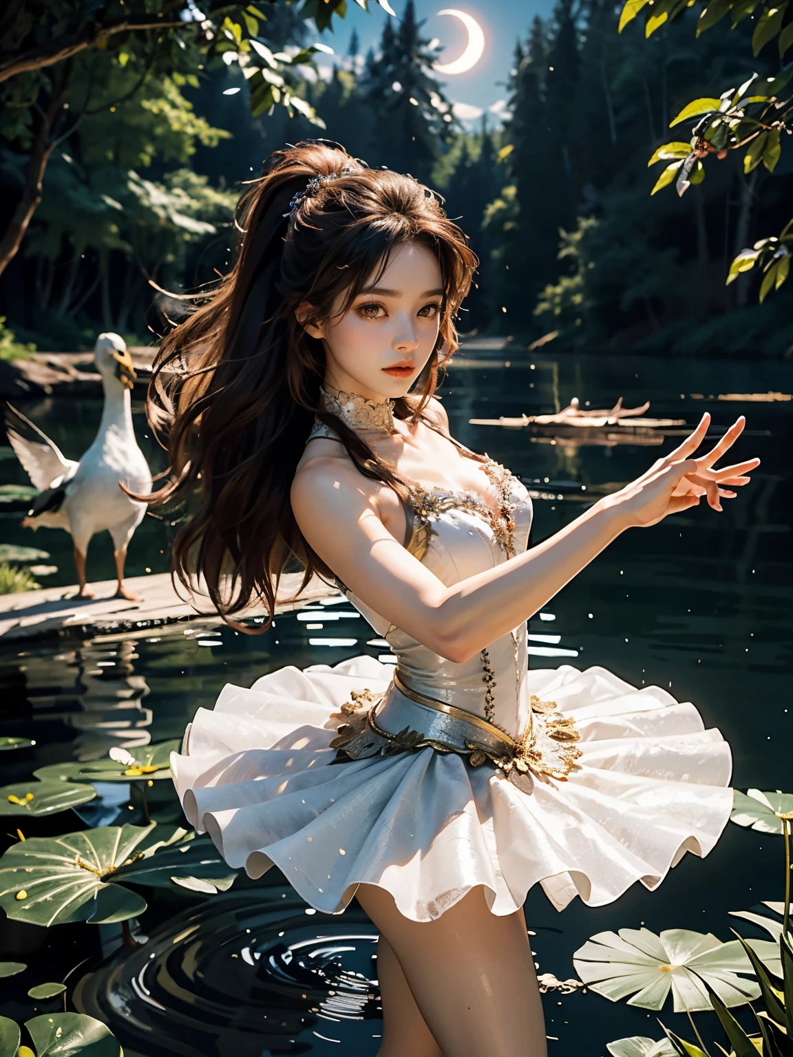 fantasy, high quality, 8K, realistic,photo realistic,RAW photo,photography,High resolution, ultra-definition, highest quality,Dramatic lighting, glitter effect, from below, midnight, moonlight, ballet、Swan Lake、Lake in the deep forest、((Beauty and the Beast)), break, 1woman and 1beast, A prima donna girl and the beast gracefully dance ballet in the moonlight on a mysterious lake.、Arabesque pose、((luxurious and delicate white tutu)),semi-long hair,black hair,black eyes、beautiful feet、Ballet Pointe Shoes, Peeking from below、Straddling the camera、