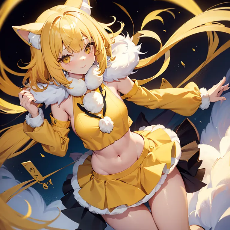 yellow hair,furry ears,girl,((fluffy around the neck:1.5)),sexy,small breasts,thin,(yellow clothes),thunder,seductive thighs,(ye...