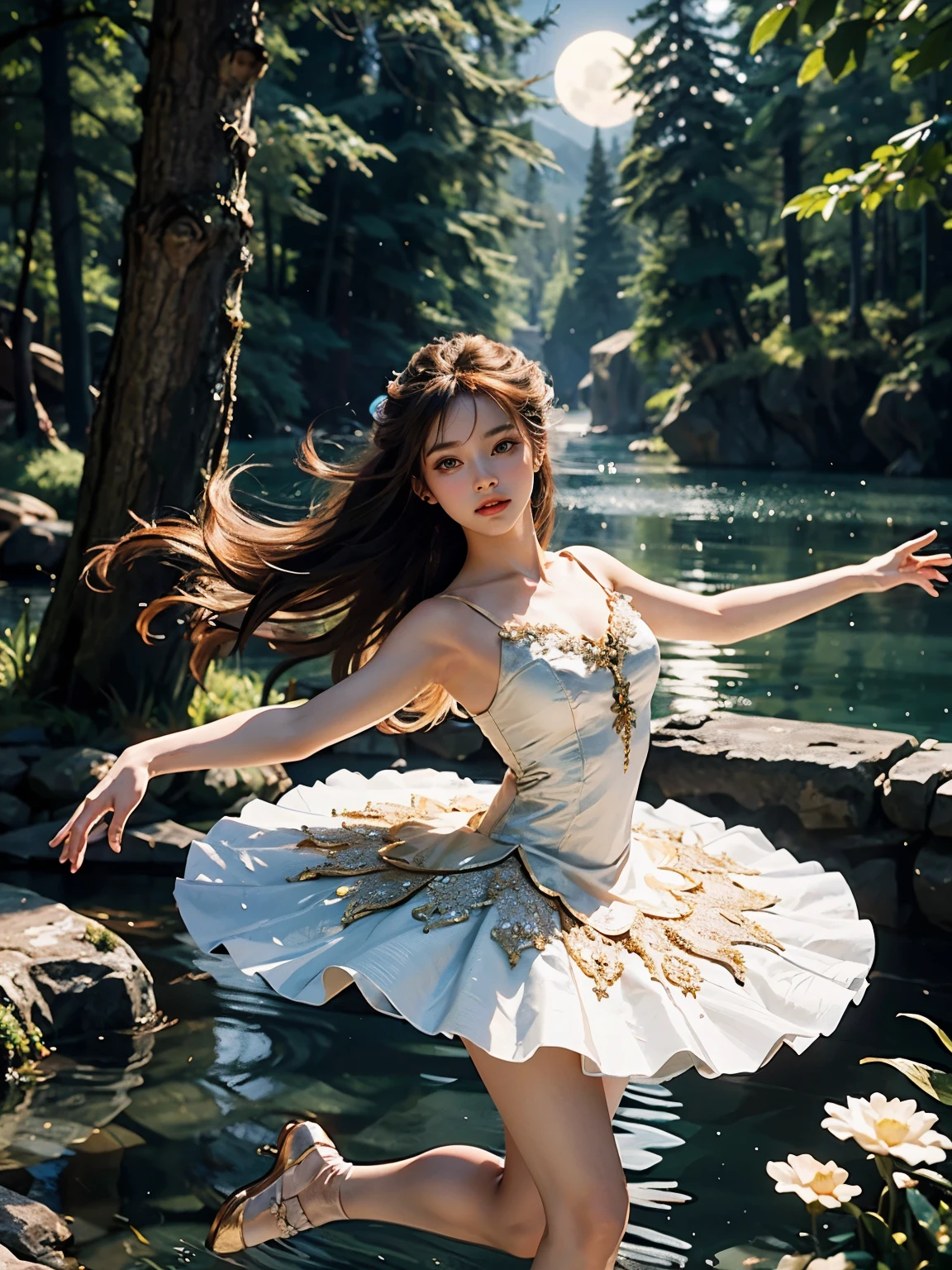 fantasy, high quality, 8K, realistic,photo realistic,RAW photo,photography,High resolution, ultra-definition, highest quality,Dramatic lighting, glitter effect, from below, midnight, moonlight, ballet、Lake in the deep forest、((Beauty and the Beast)), break, 1woman and 1beast, A prima donna girl gracefully dancing ballet in the moonlight on a mysterious lake and the beast dressed in aristocratic clothes、Arabesque pose、、((luxurious and delicate white tutu)),semi-long hair,black hair,black eyes、beautiful feet、Ballet Pointe Shoes, Peeking from below、Straddling the camera、