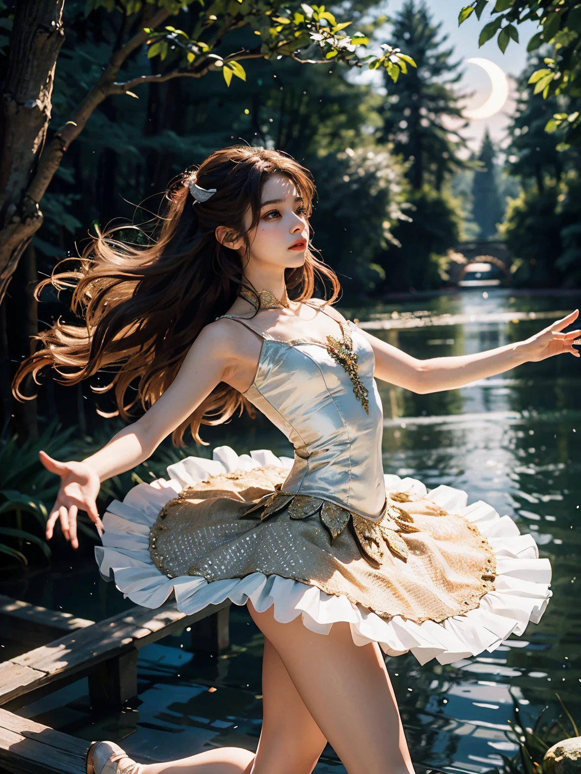 fantasy, high quality, 8K, realistic,photo realistic,RAW photo,photography,High resolution, ultra-definition, highest quality,Dramatic lighting, glitter effect, from below, midnight, moonlight, ballet、Lake in the deep forest、((Beauty and the Beast)), break, 1woman and 1beast, A prima donna girl gracefully dancing ballet in the moonlight on a mysterious lake and the beast dressed in aristocratic clothes、Arabesque pose、、((luxurious and delicate white tutu)),semi-long hair,black hair,black eyes、beautiful feet、Ballet Pointe Shoes, Peeking from below、Straddling the camera、