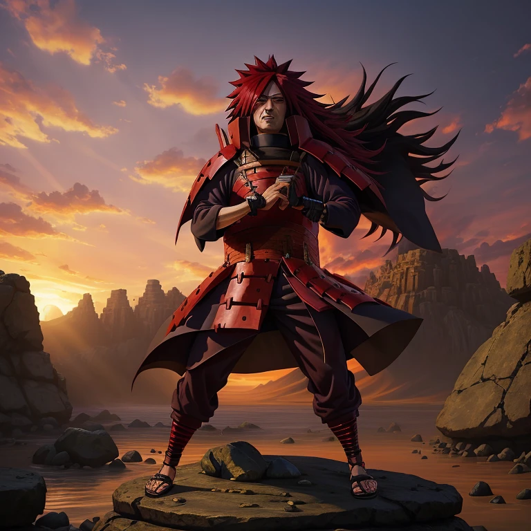 Madara Uchiha with aztec native style costume, wearing Uchiha war armor, rinnegan eyes glowing ominously, ultra-detailed and realistic, dynamic light and shadow, high resolution, sharp focus, depth of field, expression of intense concentration, vivid and authentic colors, fine textures, standing on a stone platform, surrounded by dead ninja, naruto anime madara uchiha.