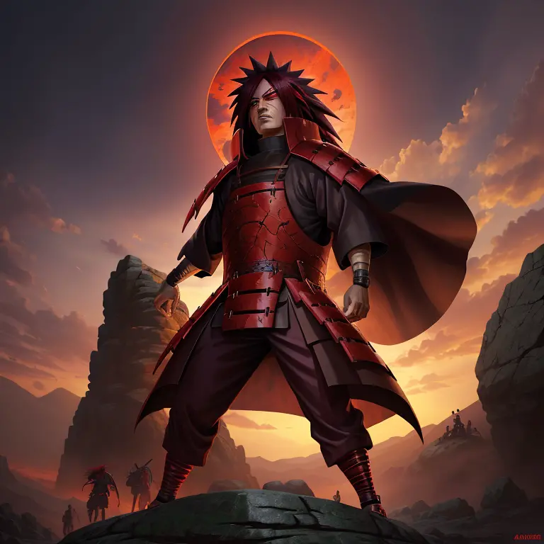 Madara Uchiha with aztec native style costume, wearing Uchiha war armor, rinnegan eyes glowing ominously, ultra-detailed and rea...