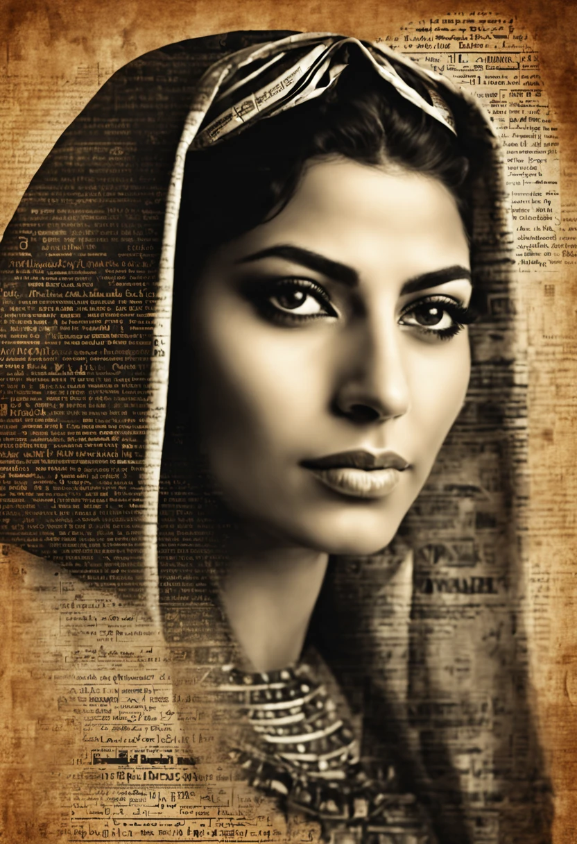 Portrait of a egyptian woman with typography Photoshop effect, newspaper effect