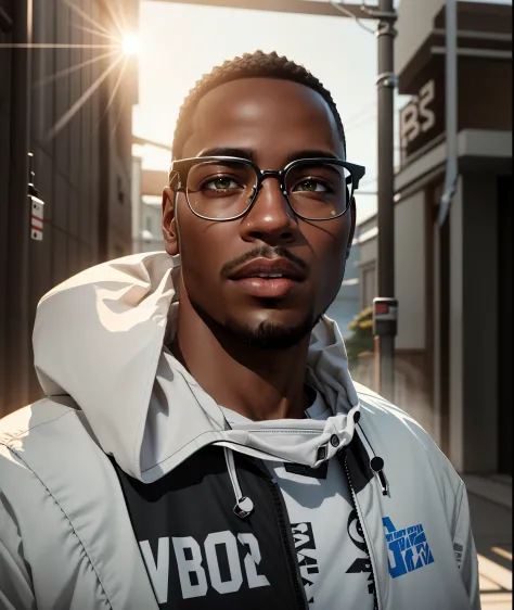 dark skinned young black man is wearing glasses and a white windbreaker hoodie, no facial hair, clean face, RAW, Masterpiece, Su...