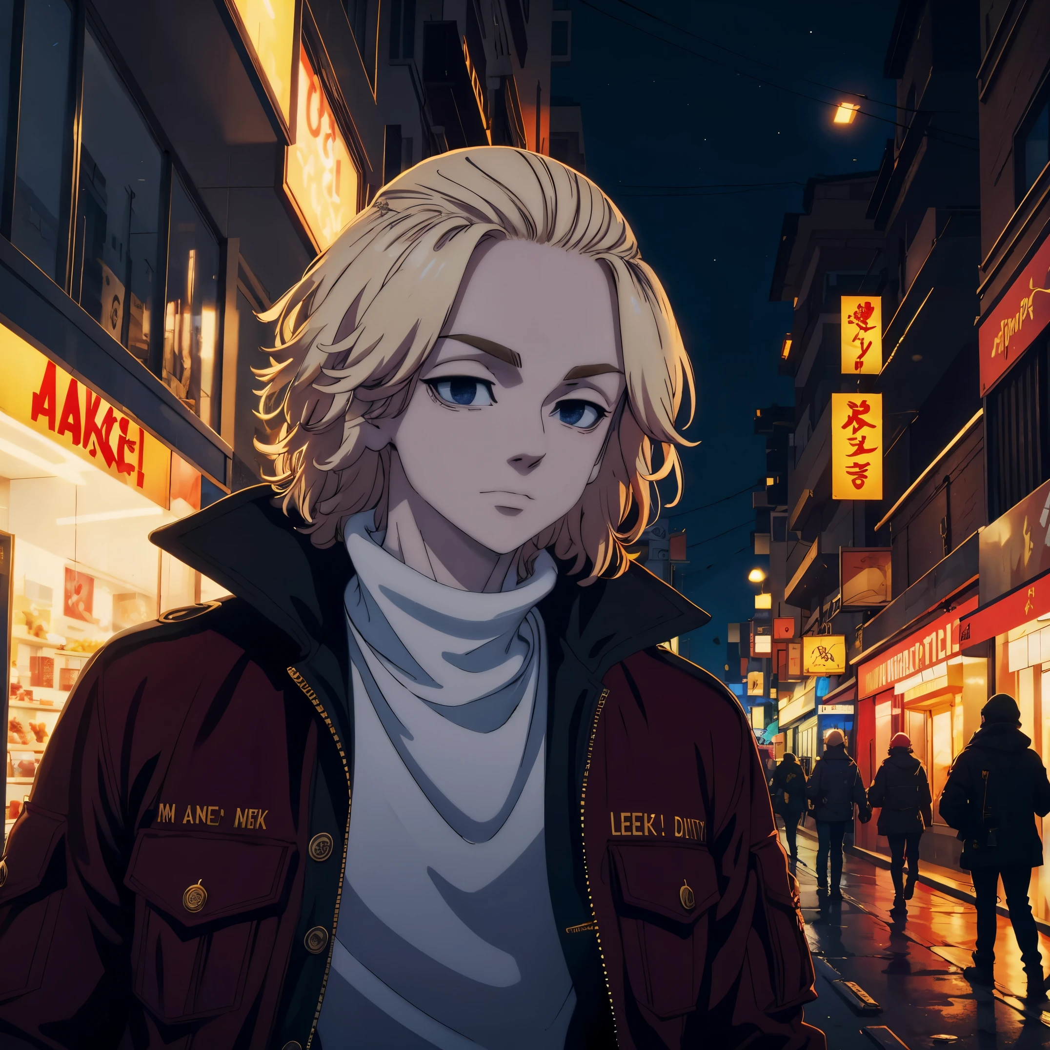 Mikey, com uma jaqueta vermelha, em uma cidade à noite, a cidade está cheia de luzes, e ele tem um rosto calmo