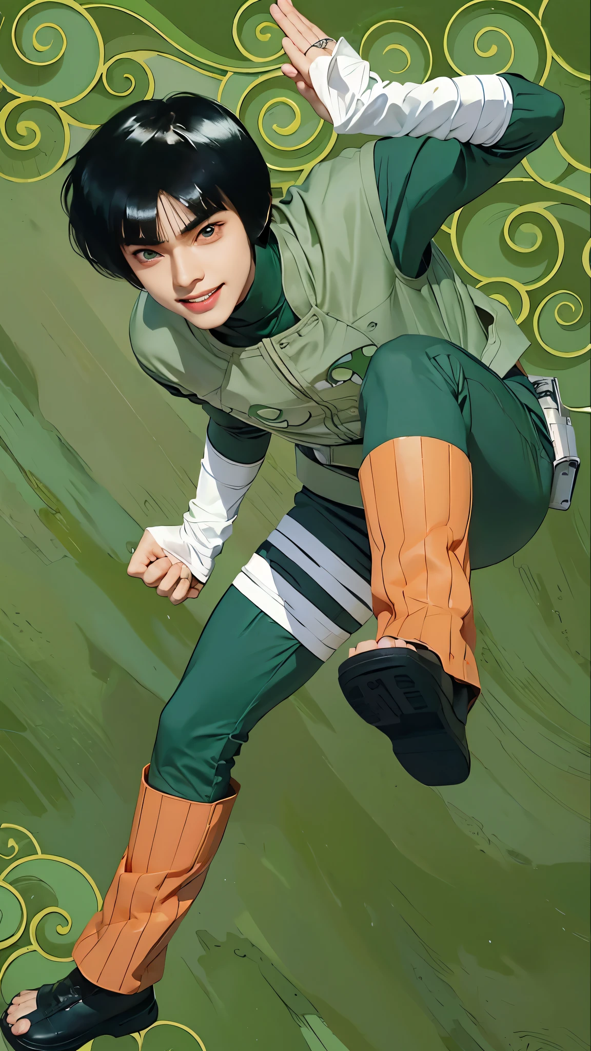 Anime - style photo of a man in a green outfit and orange pants - SeaArt AI